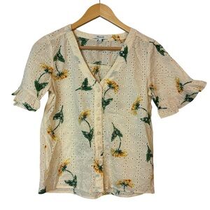 Madewell Eyelet Village Ruffle Sleeve button down Shirt 100% cotton Sunflower XS